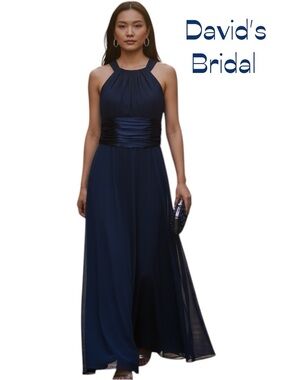 David’s Bridal Sheer Navy Blue Bow Tie Maxi Dress NWOT Size 4